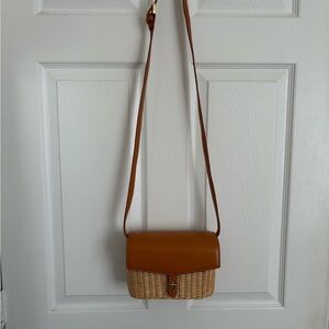 J Mclaughin Tan Leather and Woven Crossbody Bag